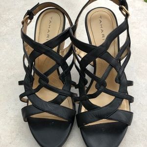 Tahari Black Strappy Cork Wedge Heels